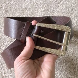 Michael Kors Diamond Studded Buckle Brown Leather Belt